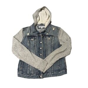 Express Jeans Women's L‎ Distressed Denim Jacket With Sweatshirt Sleeves Hoodie